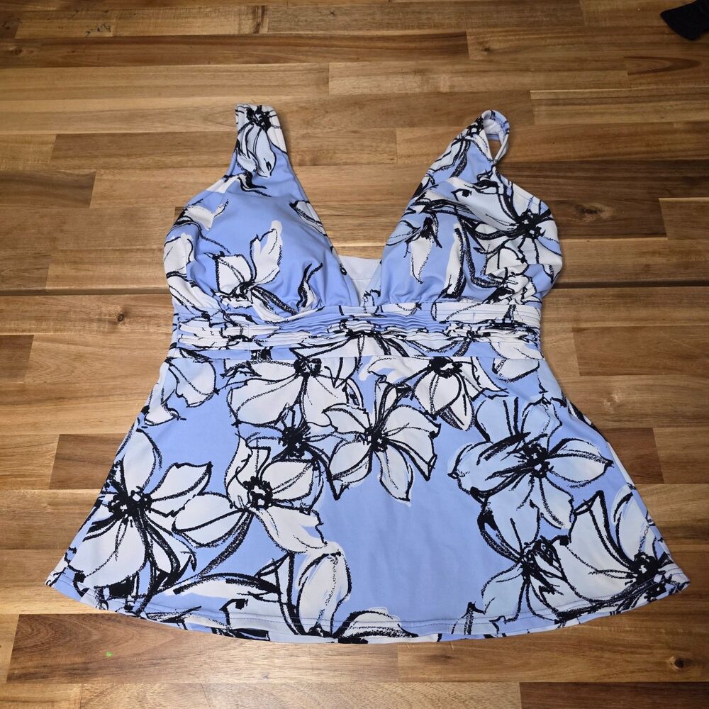 Trimshaper Blue Floral Tankini Swim Top Tummy Control Molded Cups Size 12